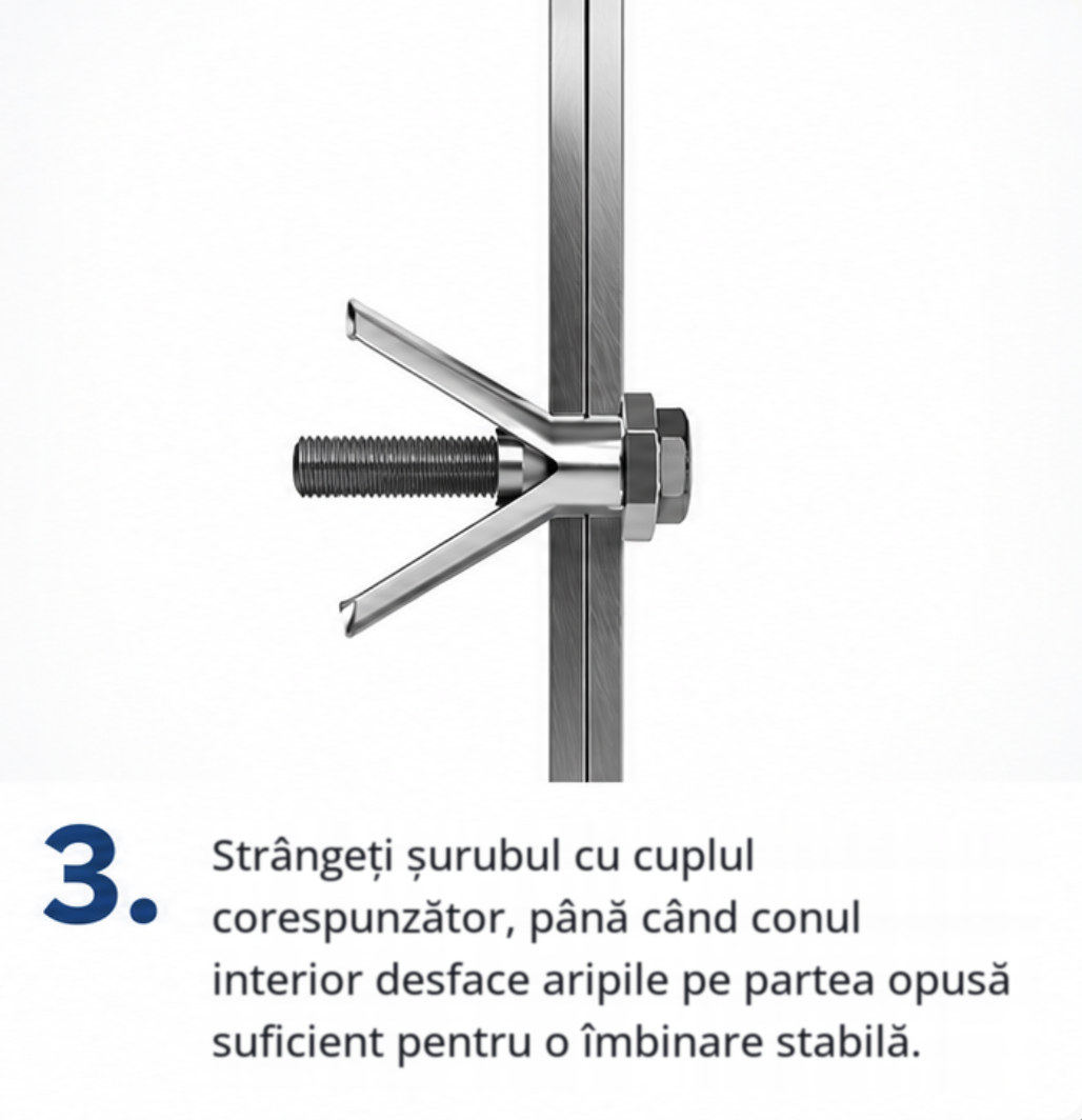 Pasul 3: Strângeți șurubul cu cuplul corespunzător, până când conul interior desface aripile pe partea opusă suficient pentru o îmbinare stabilă.