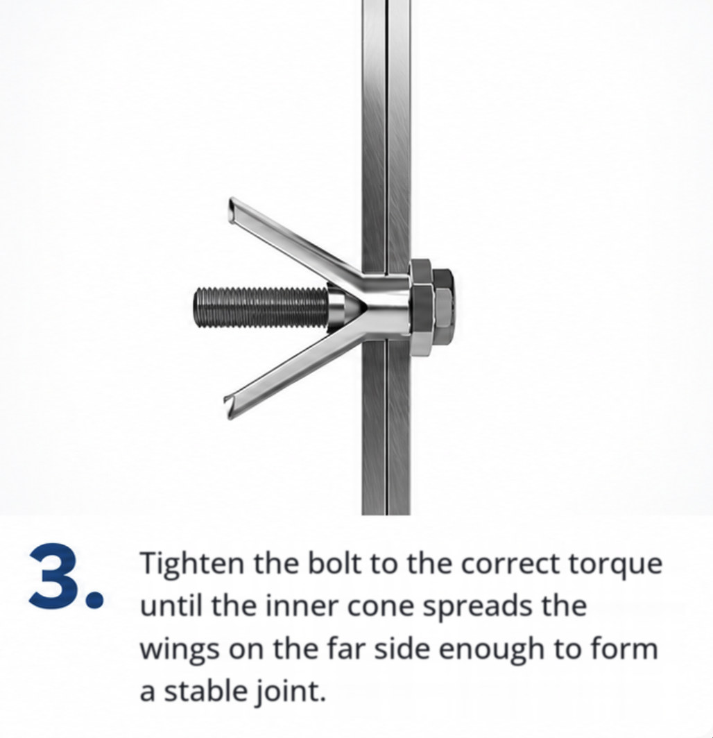 Step 3: Tighten the bolt to the correct torque until the inner cone spreads the wings on the far side enough to form a stable joint.