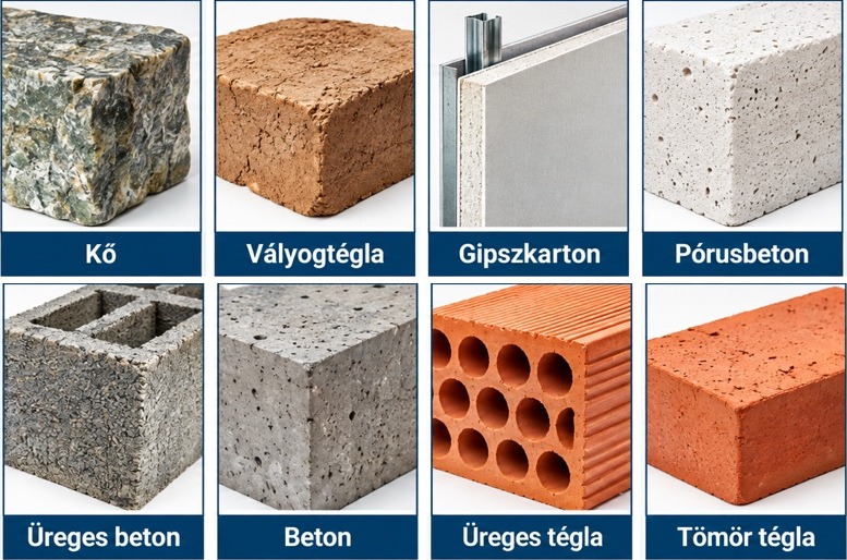 Alapanyagok: kő, vályogtégla, gipszkarton, pórusbeton, üreges beton, beton, üreges tégla, tömör tégla