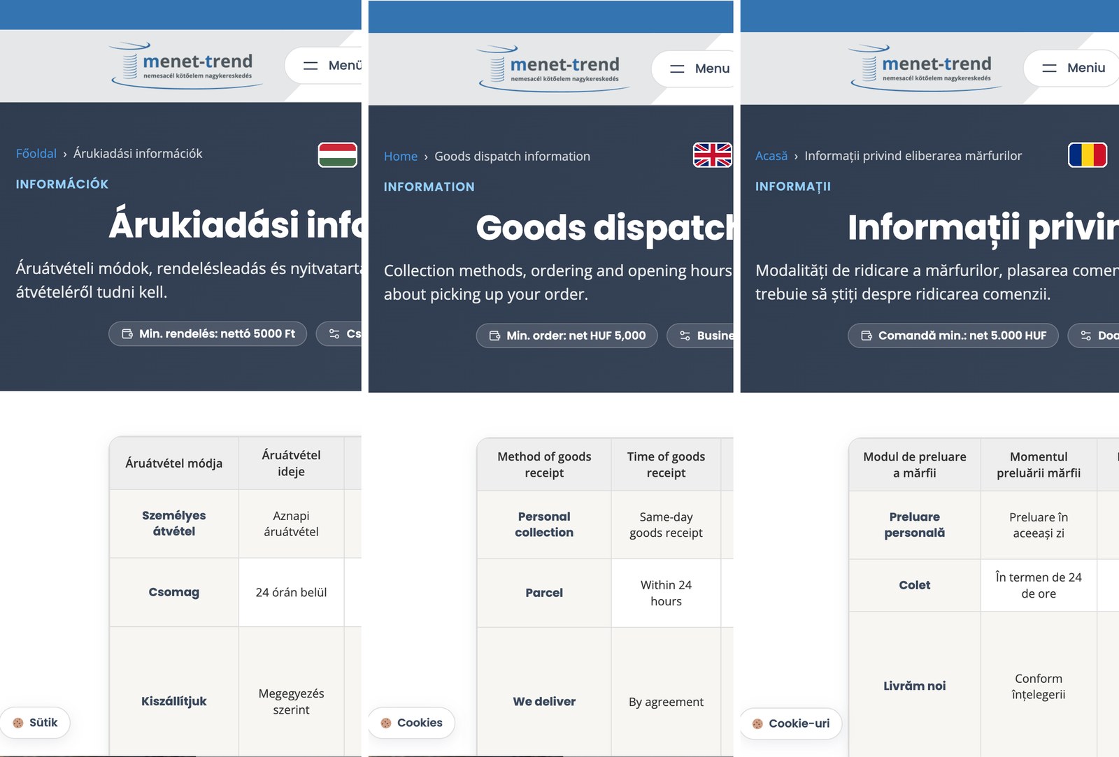 Ugyanaz az oldal mobilon magyarul, angolul és románul