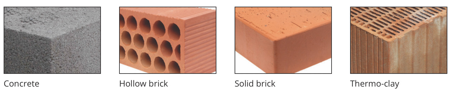Concrete, Hollow brick, Solid brick, Thermo-clay