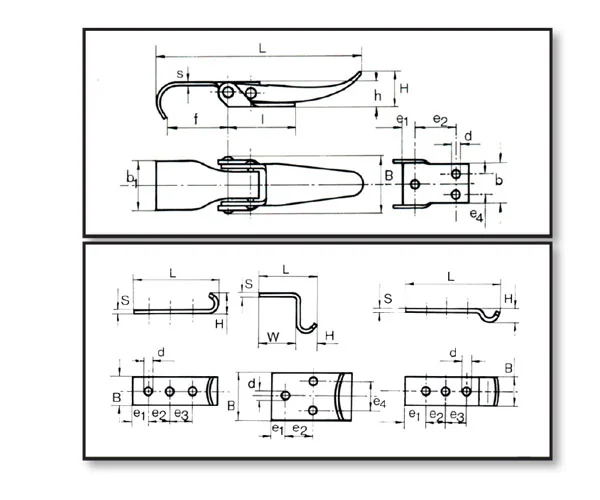 Békazár és ellendarab méretábrája (L, l, b, s, d, e1–e3 méretek)