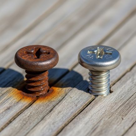 A rusting iron screw in the wood