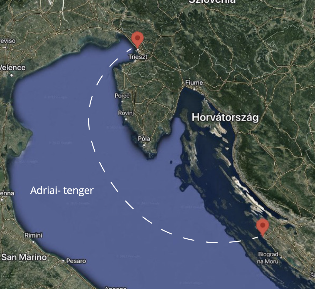 Map of the route from Zadar to the Gulf of Trieste